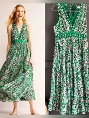 BODEN • NWT cotton maxi tie neck tank dress - 8 petite green white